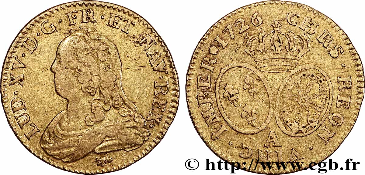 LOUIS XV &nbsp;THE WELL-BELOVED&nbsp; Louis d&nbsp;or aux écus ovales, buste habillé 1726 Paris AU/AU