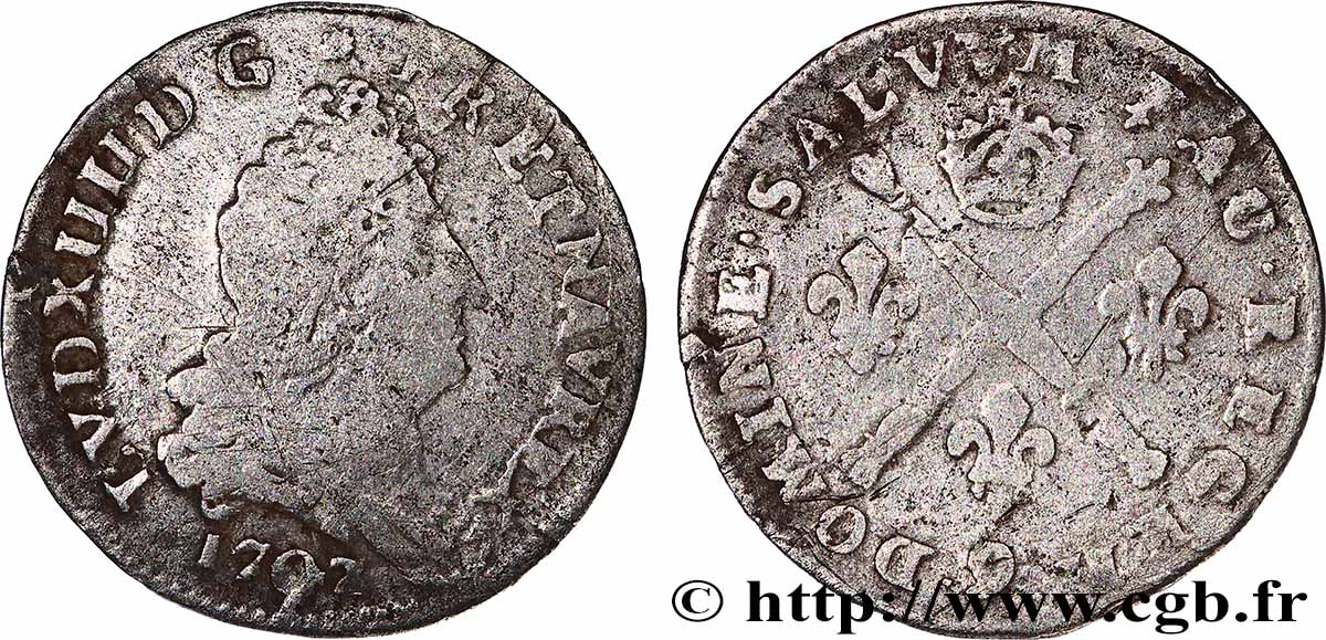 LOUIS XIV LE GRAND OU LE ROI SOLEIL Cinq sols aux insignes 1707 Rennes TB