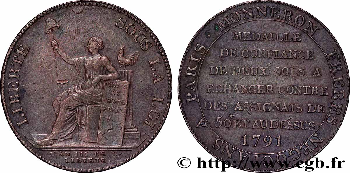 CONFIANCE (MONNAIES DE...) Monneron de 2 sols à la Liberté 1792 Birmingham, Soho TTB+