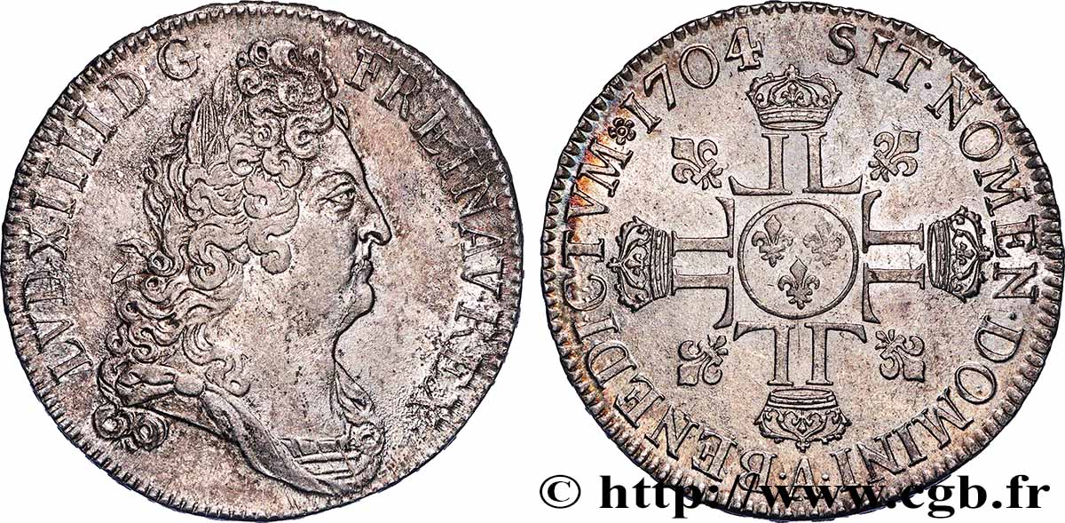 LOUIS XIV LE GRAND OU LE ROI SOLEIL Écu aux huit L, 2e type, tête laurée 1704 Paris SUP