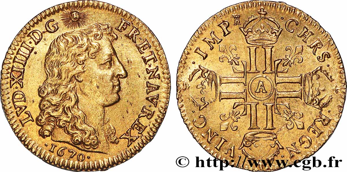 LOUIS XIV LE GRAND OU LE ROI SOLEIL Louis d’or aux huit L, portrait à la tête nue 1670 Paris SUP