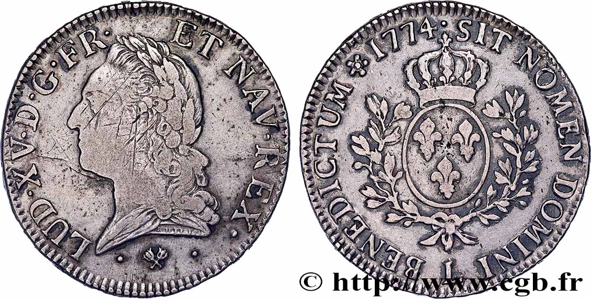 LOUIS XV DIT LE BIEN AIMÉ Écu aux branches d’olivier, buste lauré 1774 Bayonne TB+
