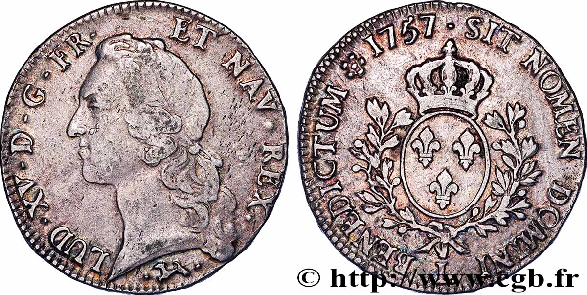 LOUIS XV DIT LE BIEN AIMÉ Écu aux branches d’olivier, tête ceinte d’un bandeau 1757 Bayonne TB+