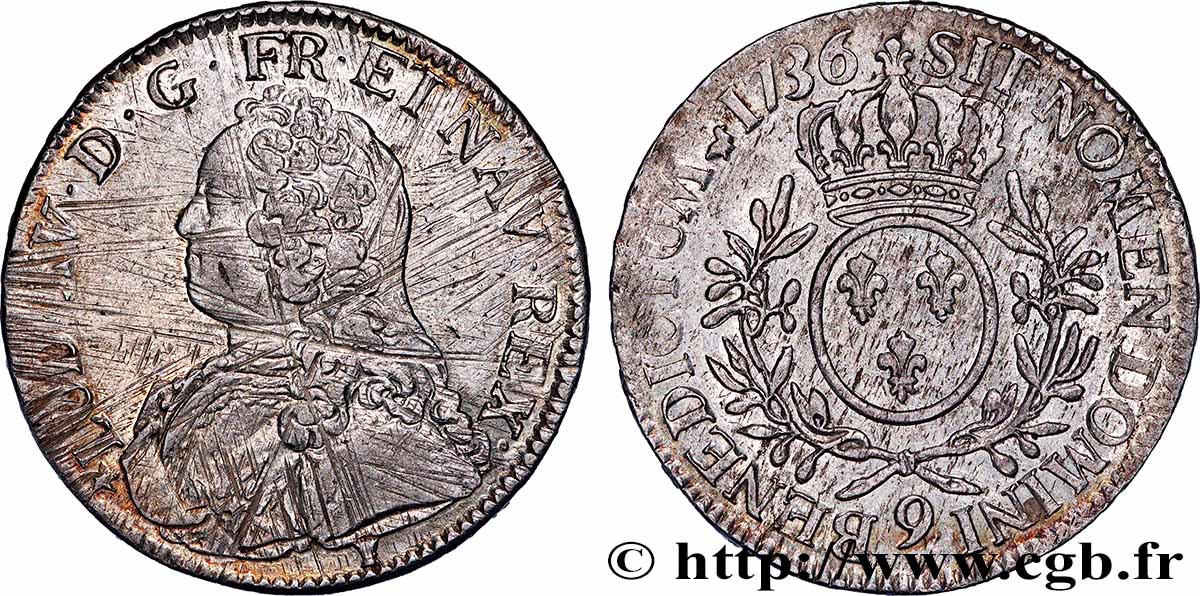 LOUIS XV DIT LE BIEN AIMÉ Écu aux branches d&nbsp;olivier, buste habillé 1736 Rennes TTB