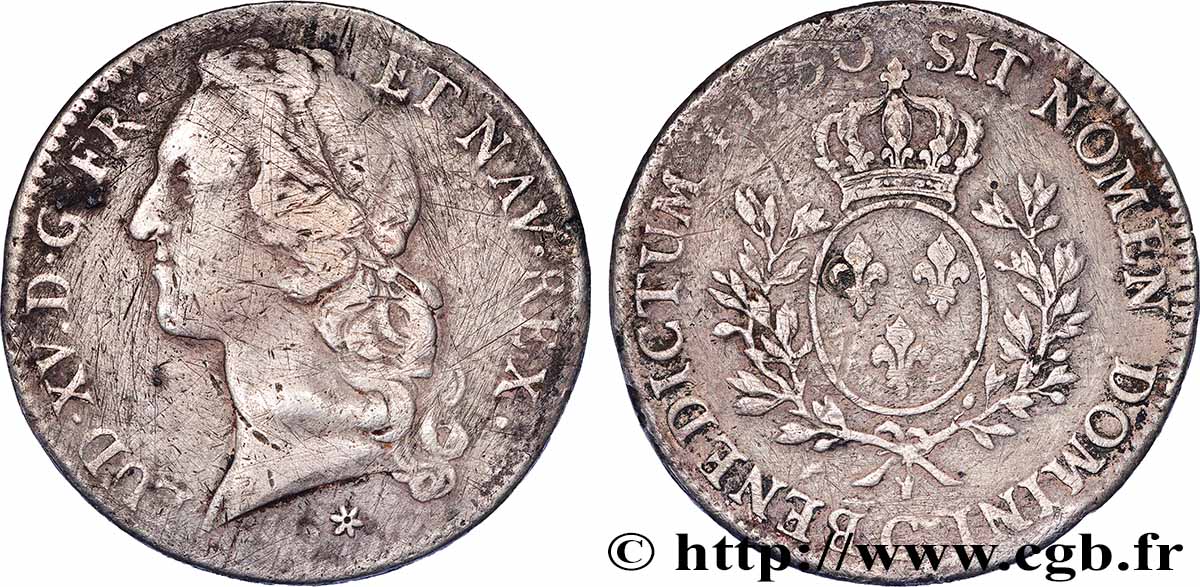 LOUIS XV DIT LE BIEN AIMÉ Écu aux branches d’olivier, tête ceinte d’un bandeau 1750 Caen TB+