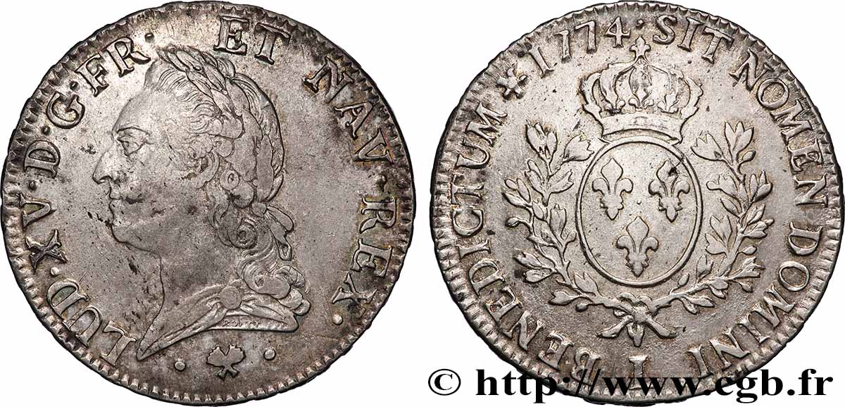 LOUIS XV THE BELOVED Écu aux branches d’olivier, buste lauré 1774 Bayonne XF/VF