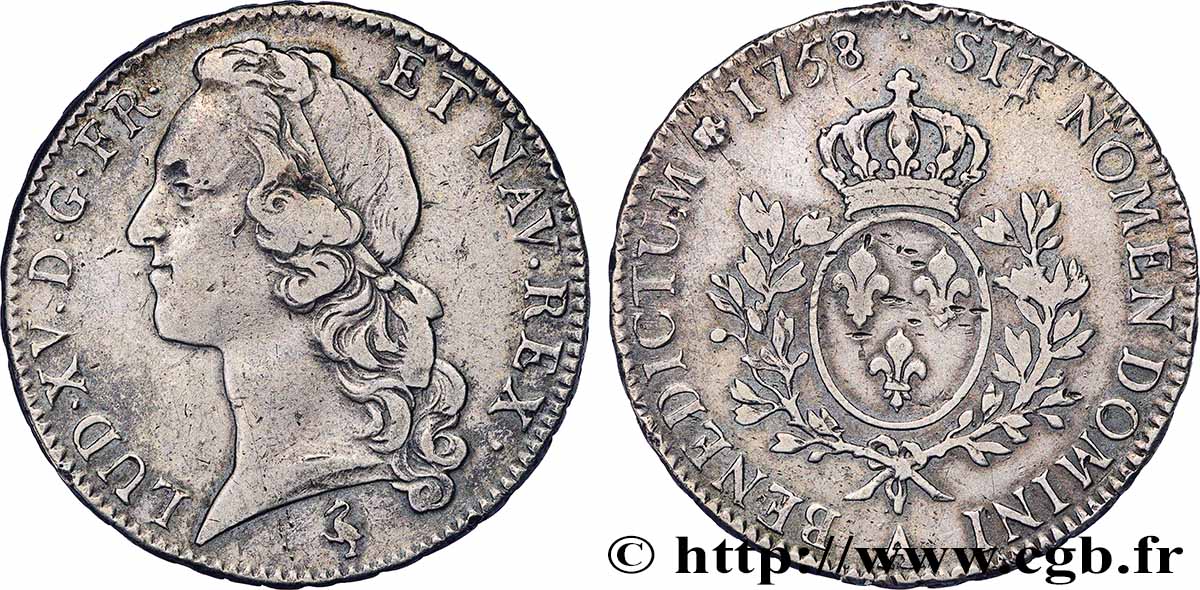 LOUIS XV DIT LE BIEN AIMÉ Écu aux branches d’olivier, tête ceinte d’un bandeau 1758 Paris TTB