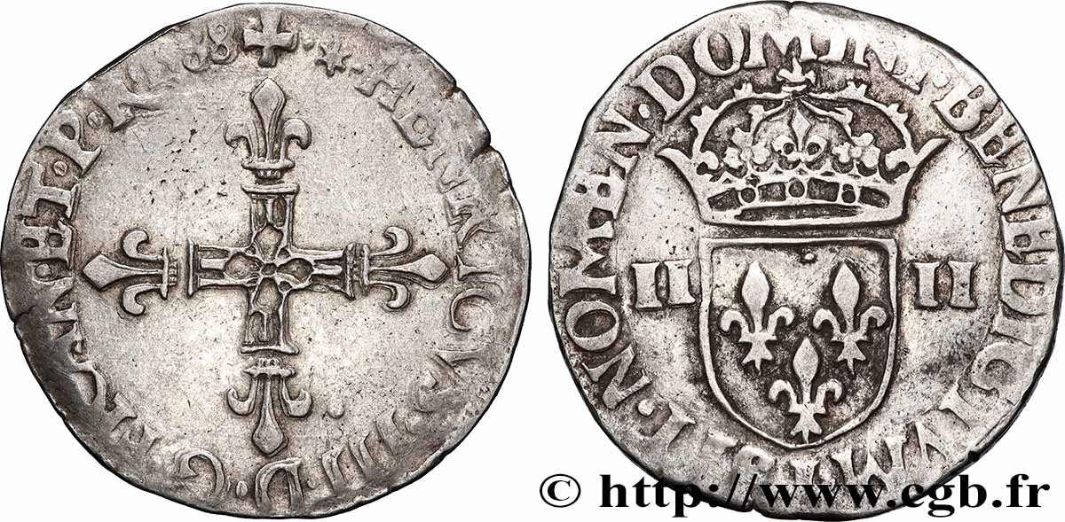 HENRY III Quart d&nbsp;écu, croix de face 1588 Limoges AU/XF