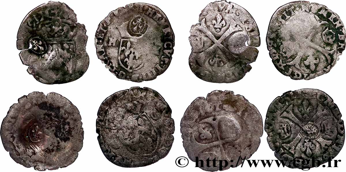 HENRY IV Douzain aux deux H, 1er type, contremarqué en quinzain sous Louis XIII, lot de 4 ex. s.m. Ateliers divers lot