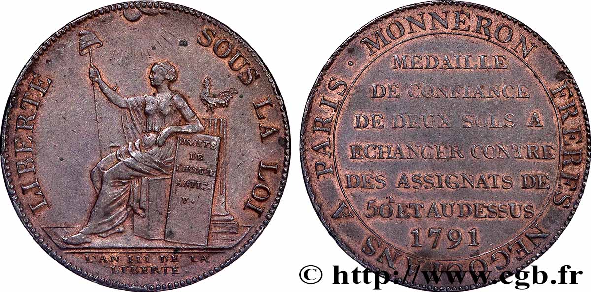 REVOLUTION COINAGE Monneron de 2 sols à la Liberté 1791 Birmingham, Soho q.SPL