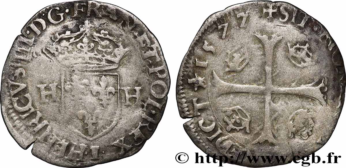 HENRY III Douzain aux deux H, 1er type 1577 Limoges VF