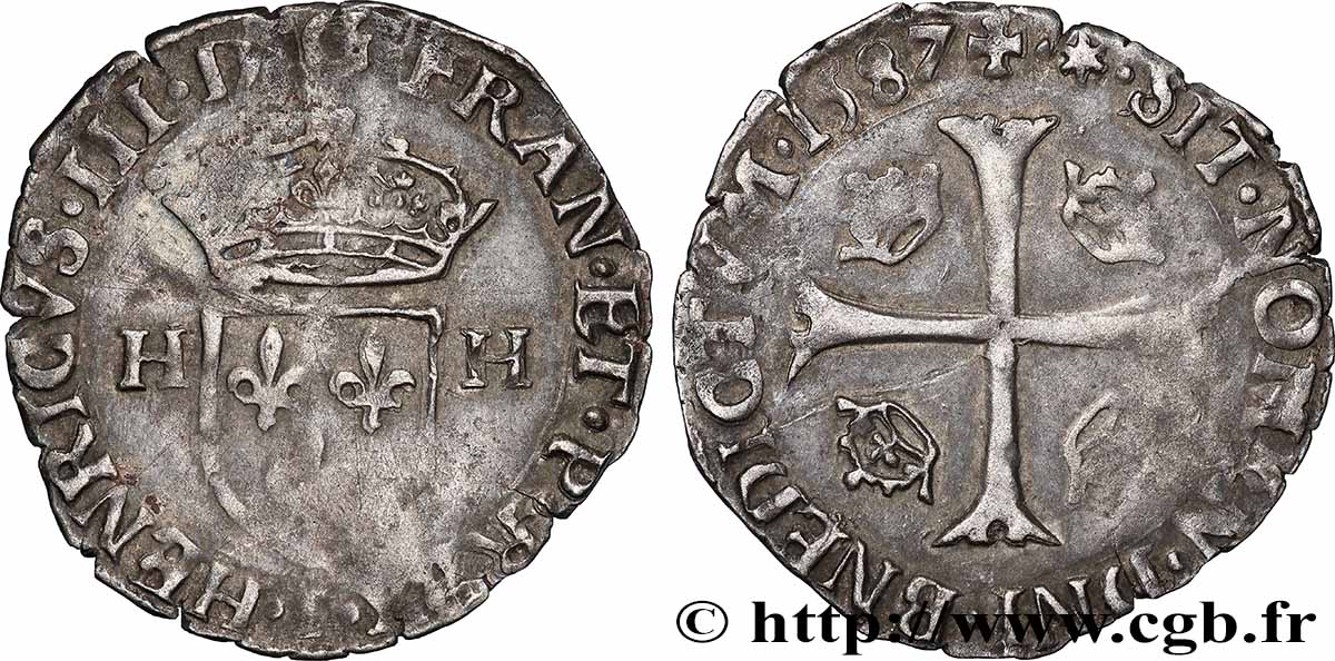 HENRY III Douzain aux deux H, 1er type 1587 Limoges XF/AU