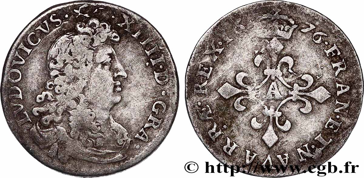 LOUIS XIV &nbsp;THE SUN KING&nbsp; Quatre sols à la croix formée de lis 1676 Paris VF