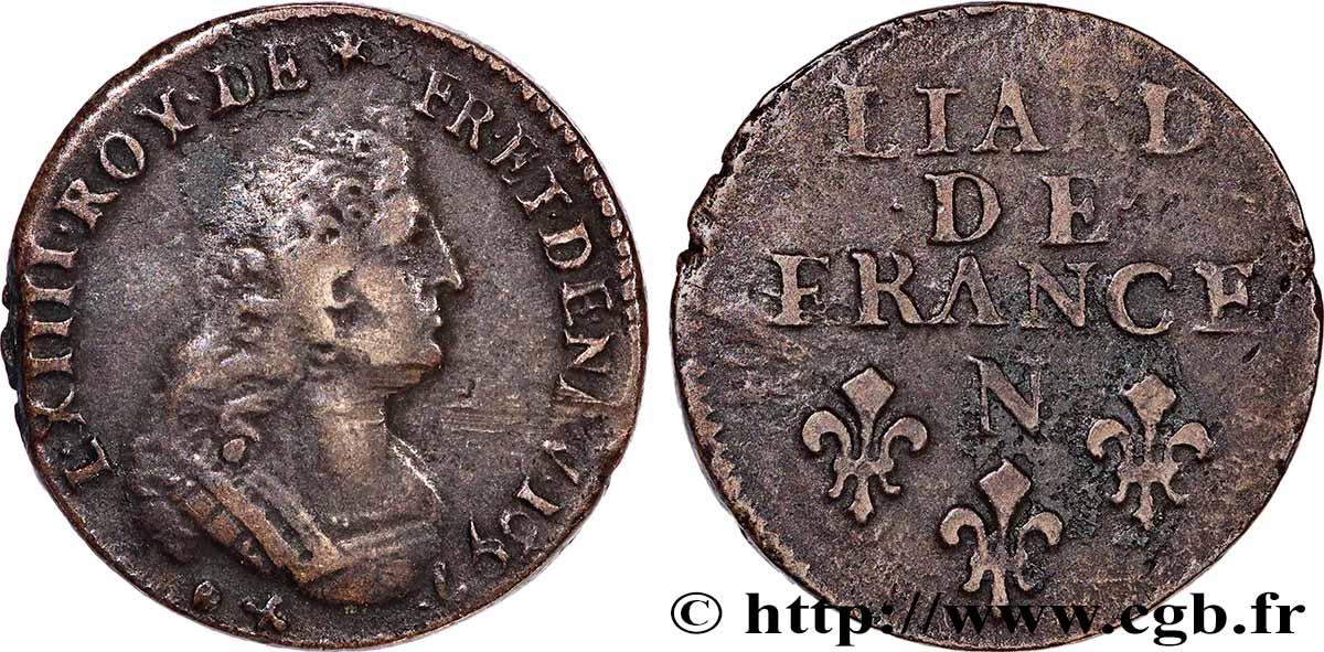 LOUIS XIV &nbsp;THE SUN KING&nbsp; Liard, 3e type, buste âgé 1697 Montpellier XF