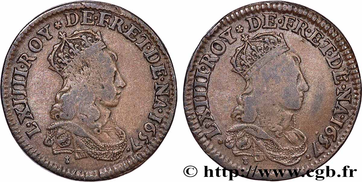 LOUIS XIV &nbsp;THE SUN KING&nbsp; Double avers du liard de cuivre 1657 Atelier indéterminé SS/fSS
