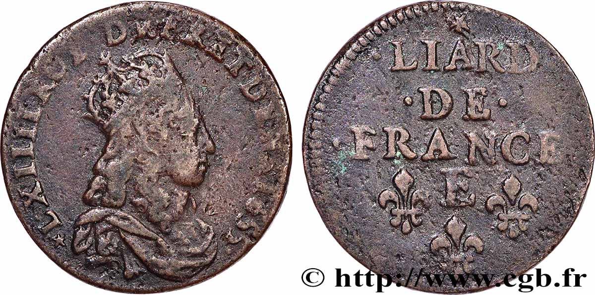LOUIS XIV &nbsp;THE SUN KING&nbsp; Liard de cuivre, 2e type 1655 Meung-sur-Loire VF