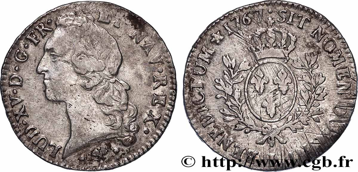 LOUIS XV DIT LE BIEN AIMÉ Écu aux branches d’olivier, tête ceinte d’un bandeau 1767 Bayonne TB+/TTB