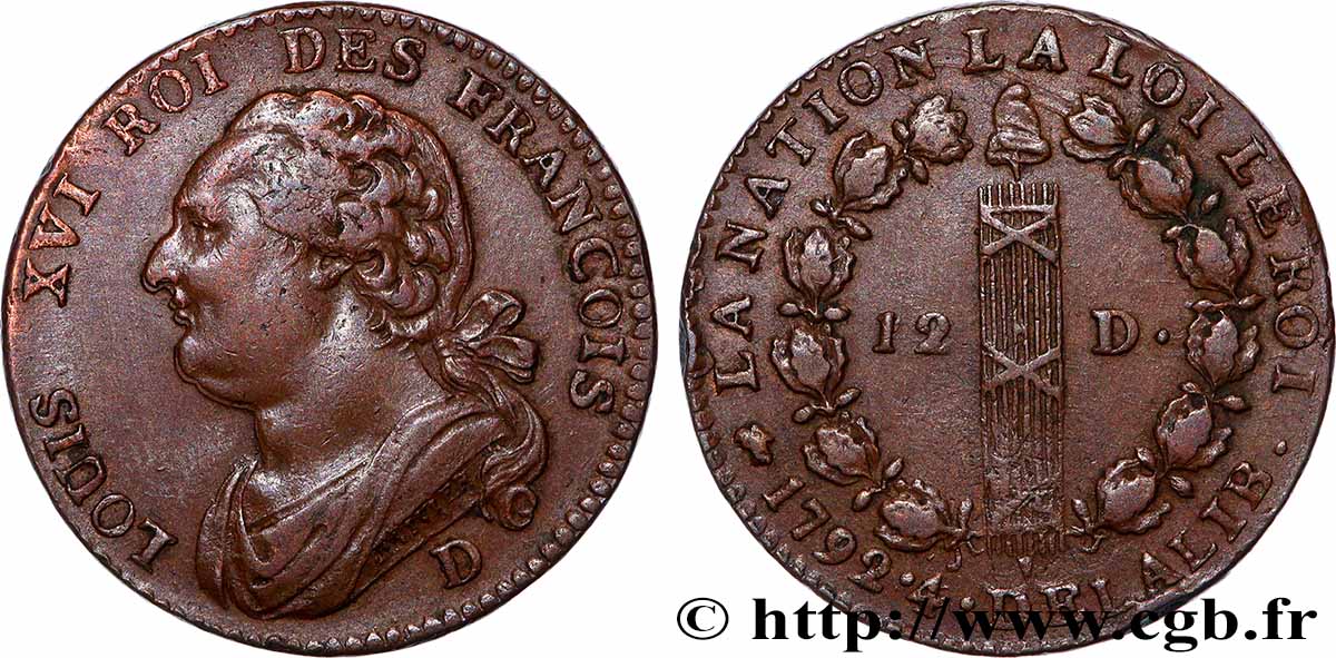 LOUIS XVI 12 deniers dit &nbsp;au faisceau&nbsp;, type FRANCOIS 1792 Lyon AU