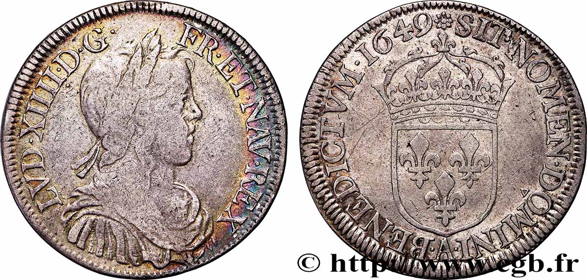 LOUIS XIV &nbsp;THE SUN KING&nbsp; Demi-écu, portrait à la mèche longue 1649 Paris VF/XF