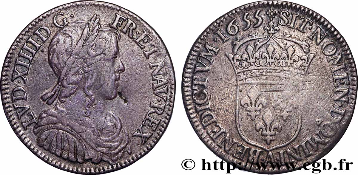 LOUIS XIV &nbsp;THE SUN KING&nbsp; Demi-écu, portrait à la mèche longue 1655 Paris SS/fSS
