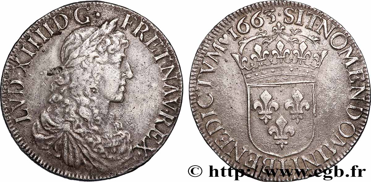 LOUIS XIV &nbsp;THE SUN KING&nbsp; Écu, portrait apollinien 1663 Bayonne BB/q.SPL