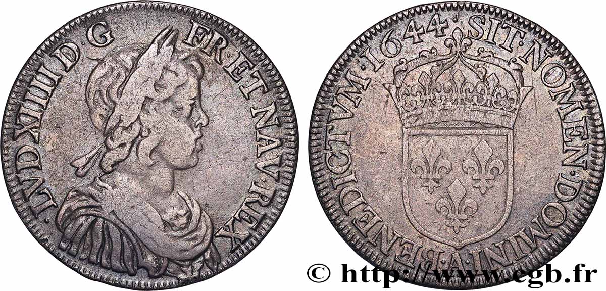 LOUIS XIV &nbsp;THE SUN KING&nbsp; Demi-écu, portrait à la mèche courte 1644 Paris, Monnaie du Louvre VF/XF