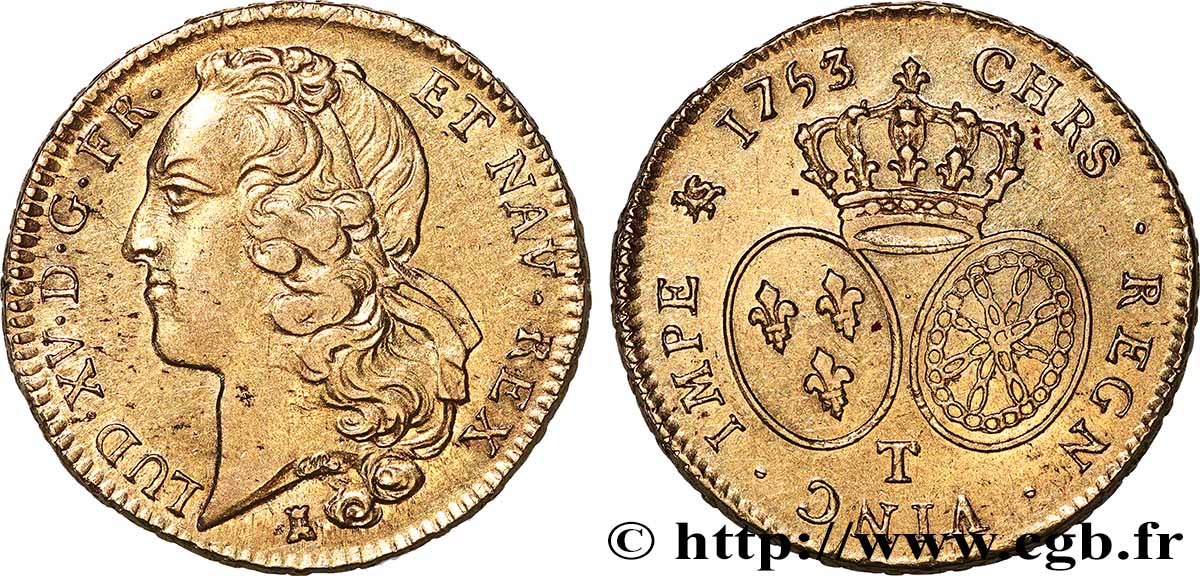 LOUIS XV &nbsp;THE WELL-BELOVED&nbsp; Double louis d’or aux écus ovales, tête ceinte d’un bandeau 1753 Nantes SS/fVZ