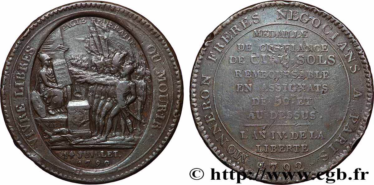 REVOLUTION COINAGE Monneron de 5 sols au serment (An IV), 3e type 1792 Birmingham, Soho XF/VF