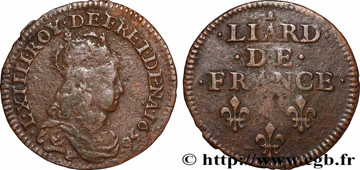 LOUIS XIV LE GRAND OU LE ROI SOLEIL Liard de cuivre, 2e type 1656 Caen TB+