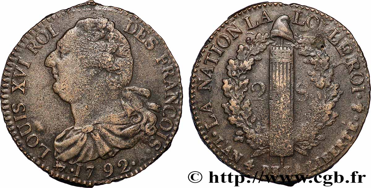 LOUIS XVI (MONARQUE CONSTITUTIONNEL)  2 sols dit &nbsp;au faisceau&nbsp;, type FRANÇOIS 1792 Paris TTB