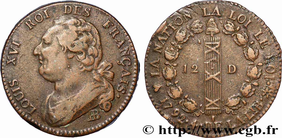 LOUIS XVI (MONARQUE CONSTITUTIONNEL)  12 deniers dit &nbsp;au faisceau&nbsp;, type FRANÇAIS 1792 Strasbourg TTB/TTB+
