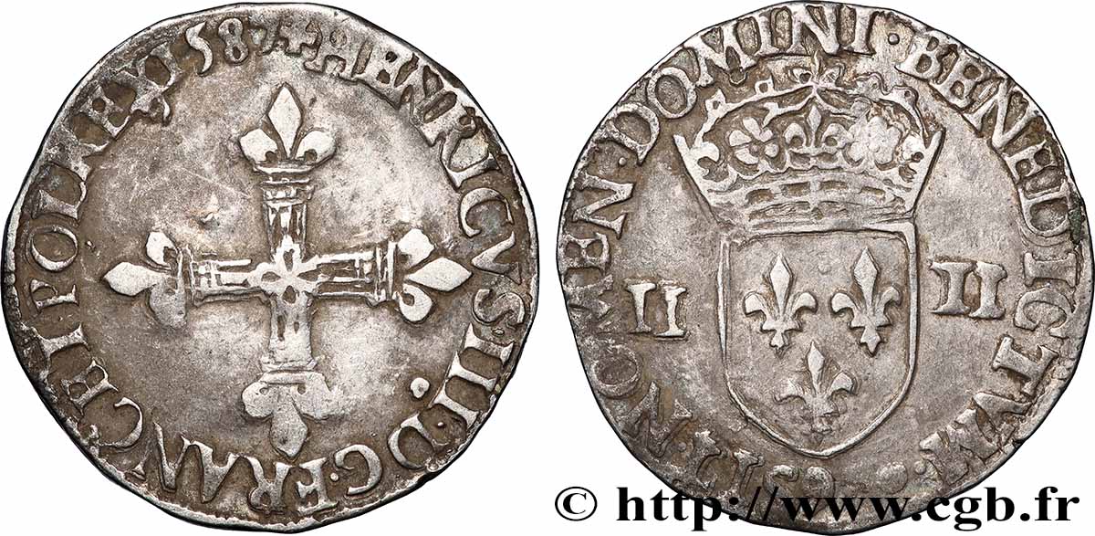 HENRI III Quart d&nbsp;écu, croix de face 1588 Rennes TB+/TTB