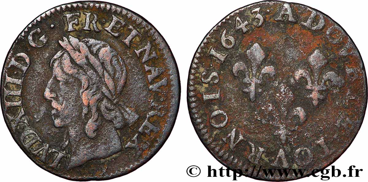 LOUIS XIII  Double tournois, type de Warin 1643 Corbeil VF