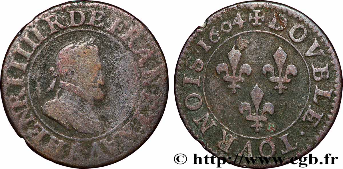 HENRY IV Double tournois, 2e type de Paris (légende française) 1604 Paris, Moulin des Étuves F/VF