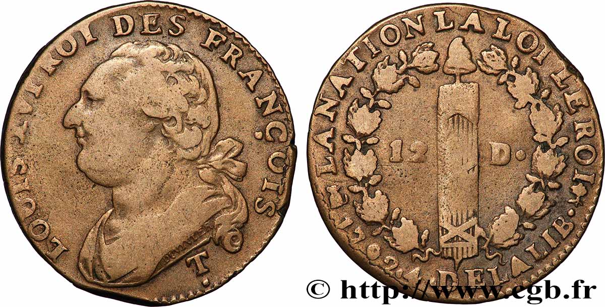 LOUIS XVI (MONARQUE CONSTITUTIONNEL)  12 deniers dit &nbsp;au faisceau&nbsp;, type FRANÇOIS 1792 Saumur TB+