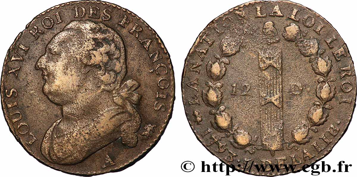 LOUIS XVI 12 deniers dit &nbsp;au faisceau&nbsp;, type FRANÇOIS 1793 Paris VF/VF