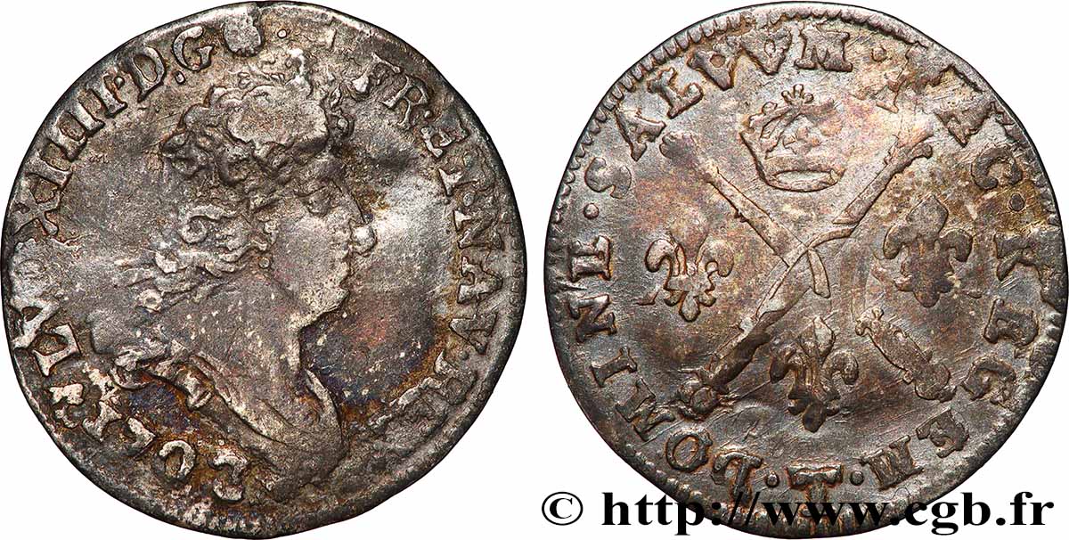 LOUIS XIV &nbsp;THE SUN KING&nbsp; Cinq sols aux insignes 1702 Nantes MB/q.BB