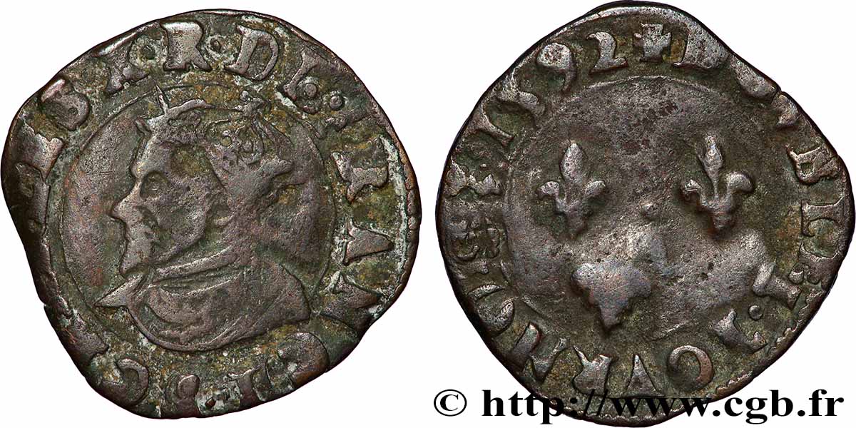 CHARLES X, CARDINAL DE BOURBON Double tournois, type de Troyes 1592 Troyes TB+