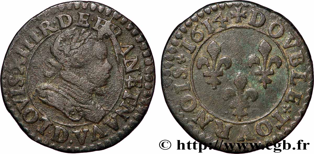 LOUIS XIII LE JUSTE Double tournois, type 3 1614 Lyon TB/TB+