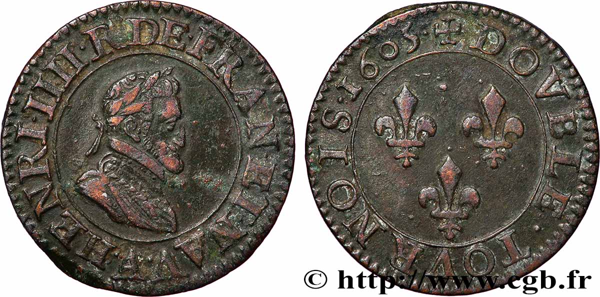 HENRY IV Double tournois, 1er type de Paris (légende française) 1605 Paris, Moulin des Étuves VZ