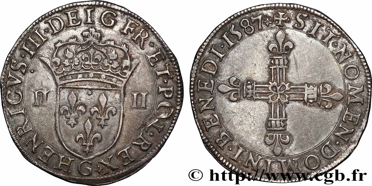 HENRI III Quart d&nbsp;écu, écu de face 1587 Poitiers SUP