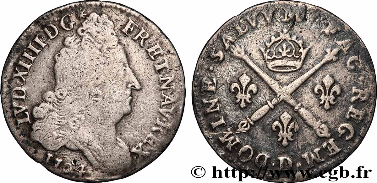 LOUIS XIV &nbsp;THE SUN KING&nbsp; 10 sols aux insignes 1704 Lyon MB/BB