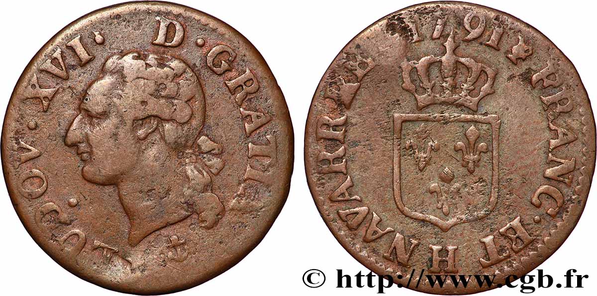 LOUIS XVI Liard dit “à l&nbsp;écu” 1791 La Rochelle BC