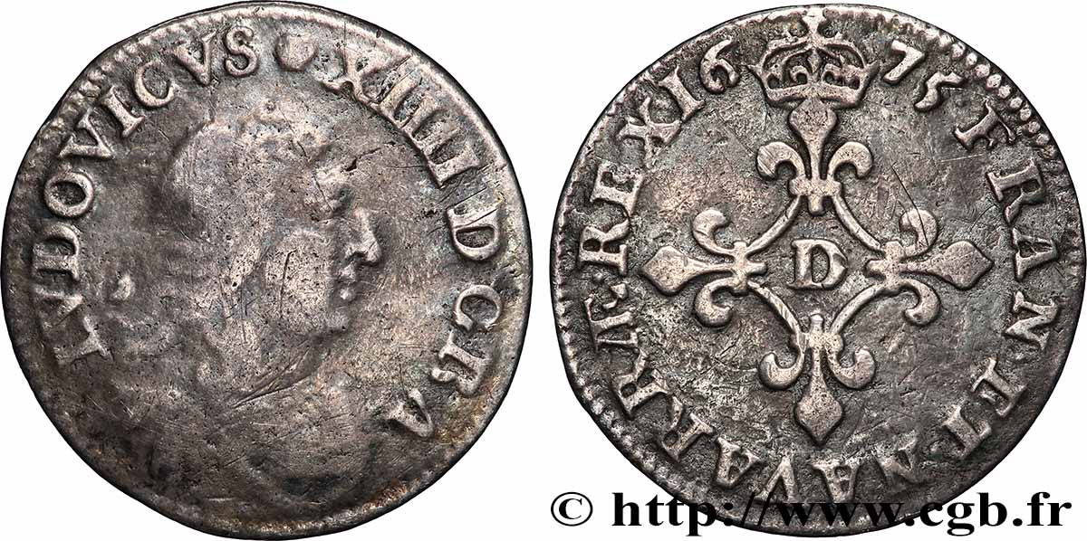 LOUIS XIV LE GRAND OU LE ROI SOLEIL Quatre sols à la croix formée de lis 1675 Lyon ou Vimy-en-Lyonnais TB/TB+