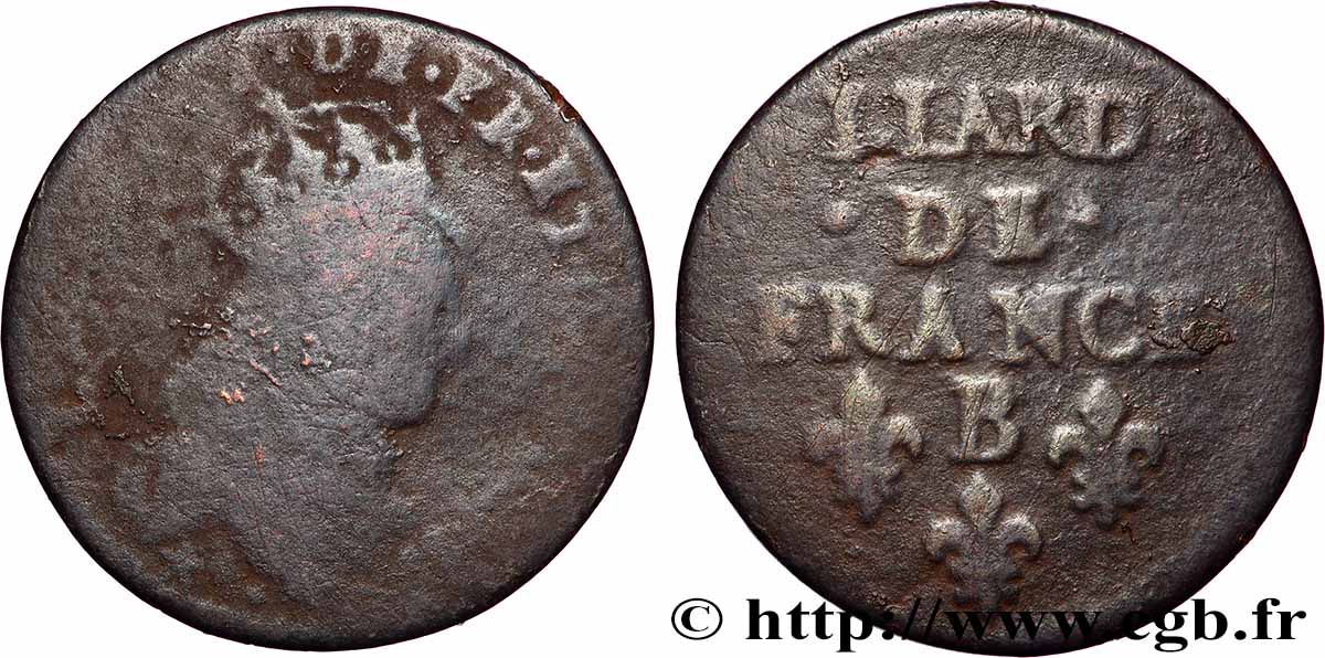 LOUIS XIV &nbsp;THE SUN KING&nbsp; Liard du 2e type 1655 Acquigny VG/F