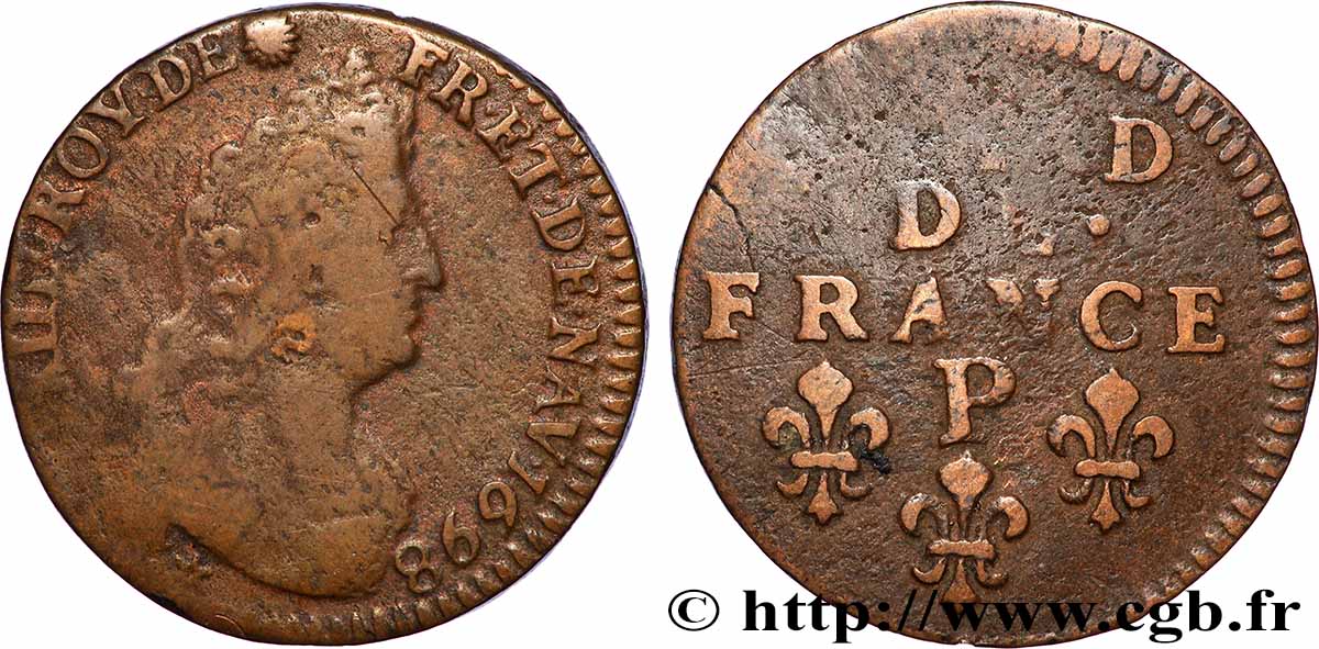 LOUIS XIV &nbsp;THE SUN KING&nbsp; Liard, 3e type, buste âgé 1698 Dijon fSS