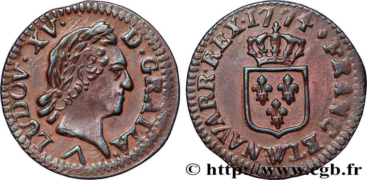 LOUIS XV DIT LE BIEN AIMÉ Liard dit &nbsp;à la vieille tête&nbsp; 1774 Lille TTB+