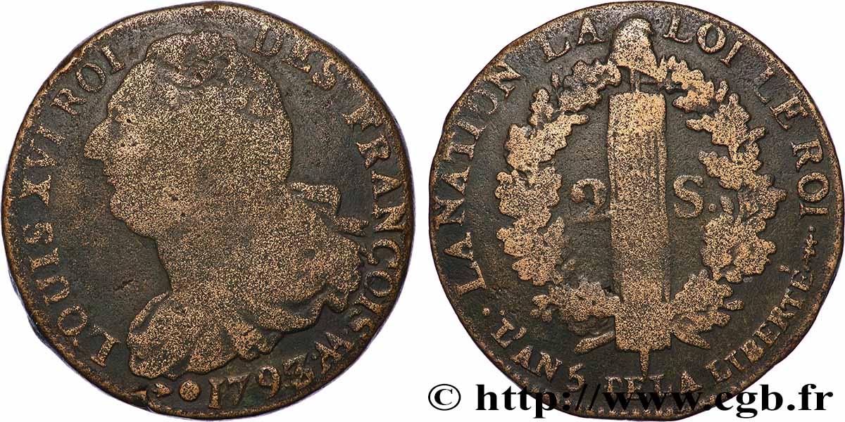 LOUIS XVI 2 sols dit &nbsp;au faisceau&nbsp;, type FRANÇOIS 1793 Metz S