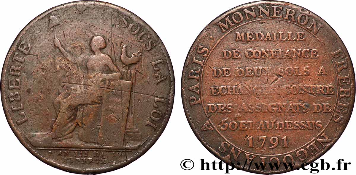 CONFIANCE (MONNAIES DE...) Monneron de 2 sols à la Liberté 1791 Birmingham, Soho B/TB