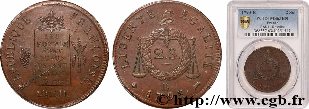 CONVENZIONE NAZIONALE 2 sols dit &nbsp;à la table de loi&nbsp;, refrappe 1793 Rouen MS63